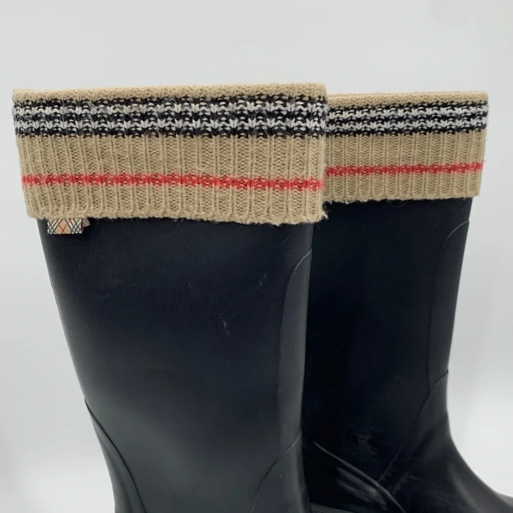 BURBERRY LONDON CLASSIC CHECK PLAID LOGO BLACK RUBBER TALL KNIT RAIN BOOTS